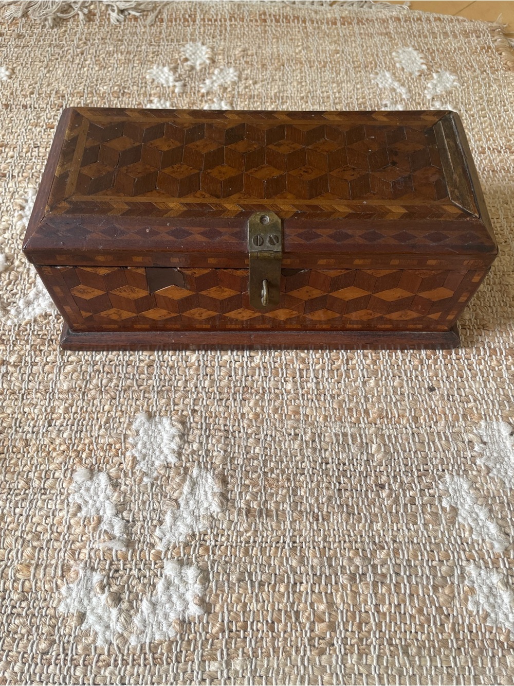 Antique Rectangle Intricate Parquetry Wooden Jewelry Desk Dresser Box